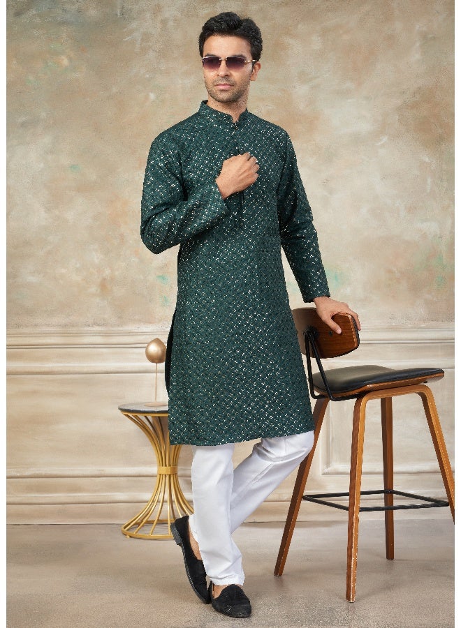 OUTLUK Green Embroidered Kurta Pajama for Men - Image 3